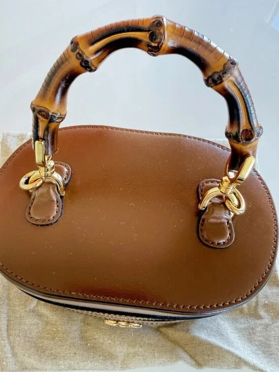 Gucci Brown Leather Bamboo Top Handle Plaque Mini Vanity Bag Cross Body - Picture 7 of 10